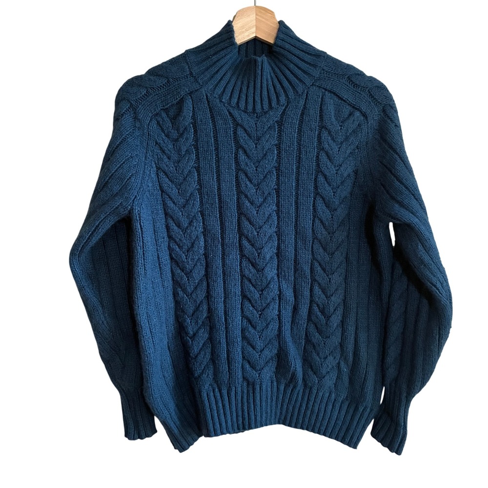 Ann Taylor Cable Knit Mock Neck Sweater Medium Teal Blue Womens Wool Blend
